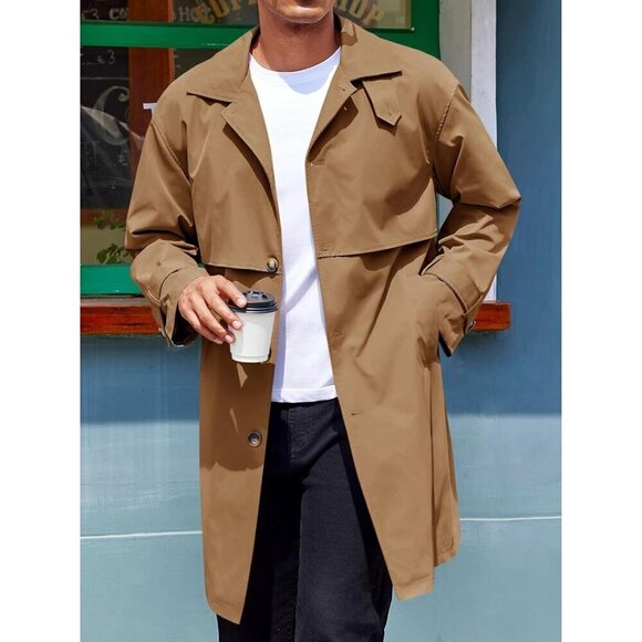 Mens Brown Trench Coat Mid Long Jackets Casual Fall Windbreaker Overcoat - Picture 4 of 6